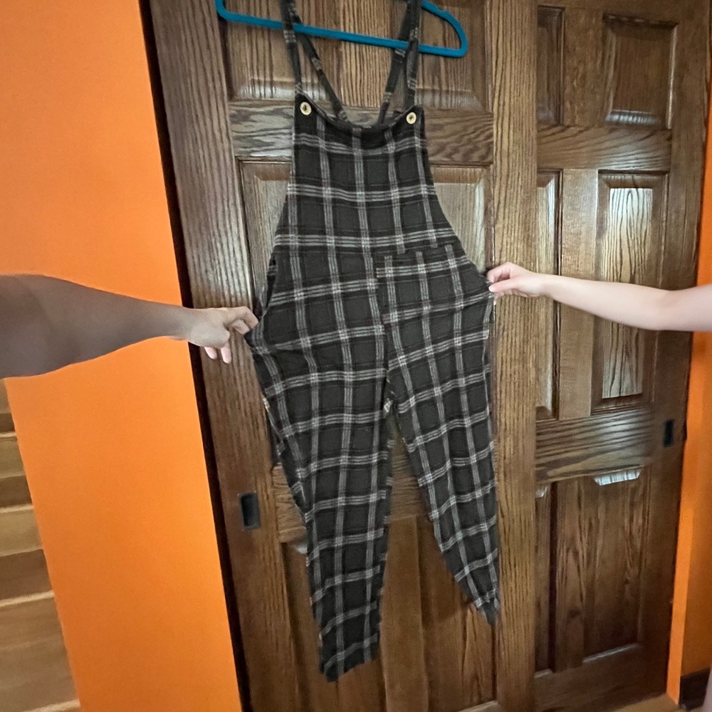 Green and red plaid overalls with cross back